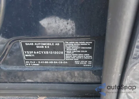 2011 Saab 9-3 Turbo4 from USA, damaged, VIN YS3FA4CYXB1313028